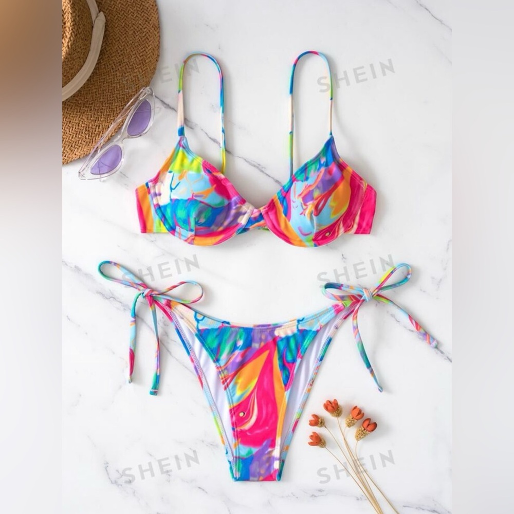 SHEIN Swim Bikinis: Tie-Dye Beach Underwire & Thong Bikini, Pink Textured Bikini - Picture 8 of 14